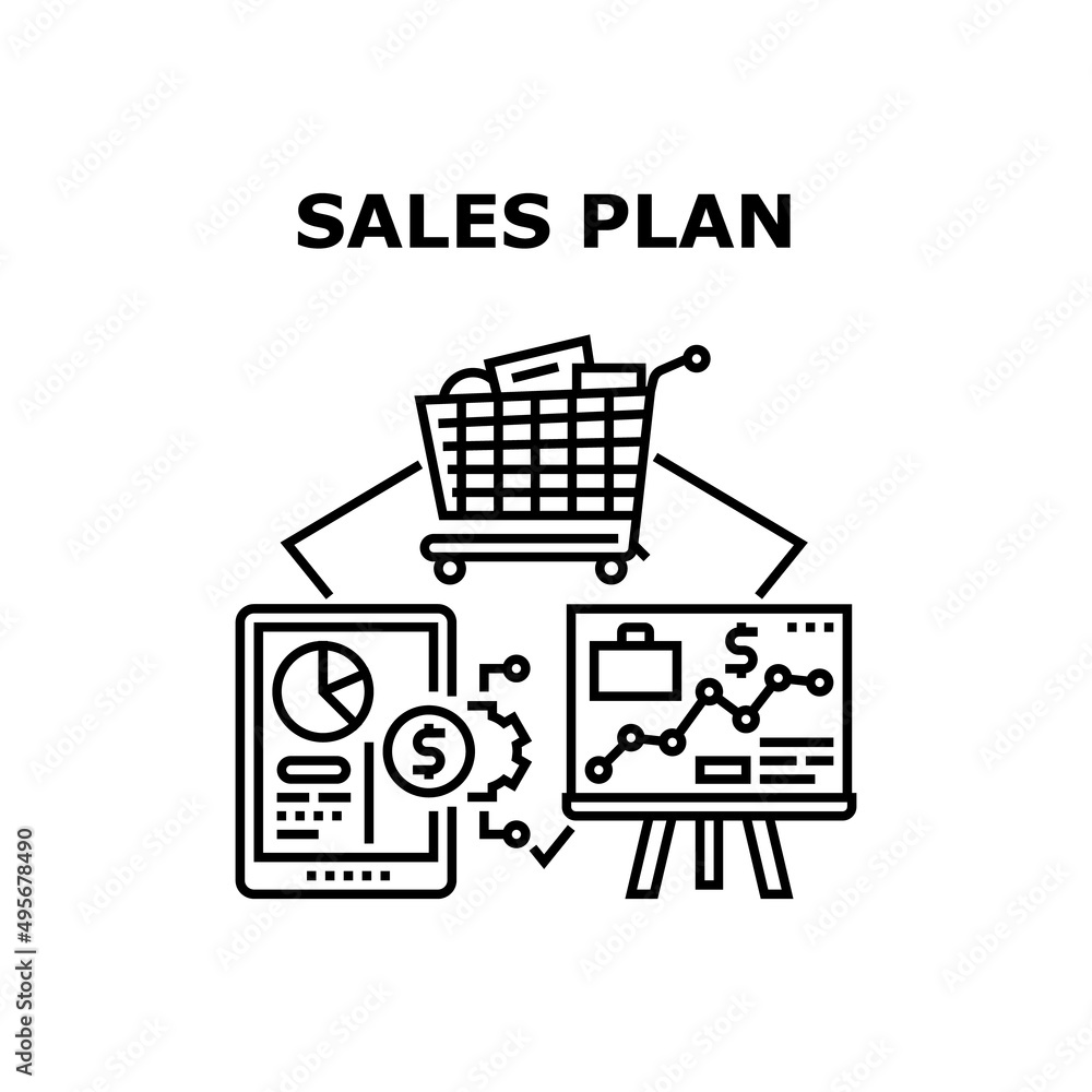 Sales Plan Goal Vector Icon Concept. Sales Plan Goal Developing Manager And Presentation Strategy, Businessman Researching And Analyzing Financial Report Diagram On Tablet Black Illustration