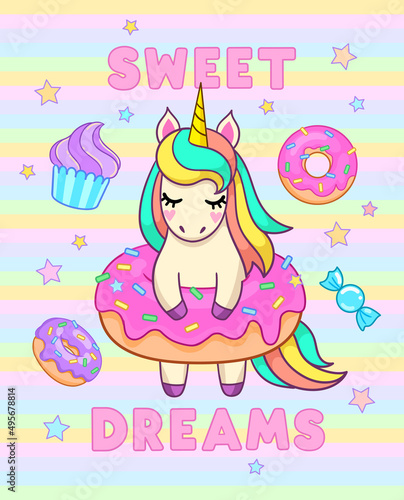 Sweet dreams quote. Cartoon unicorn with donuts and cupcake. Vector illustration
