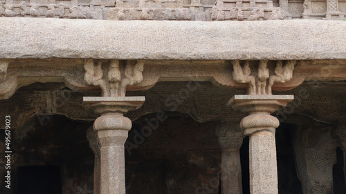 Close up shot of Krishna Mandapam columns at Arjuna's Penance Mahabalipuram