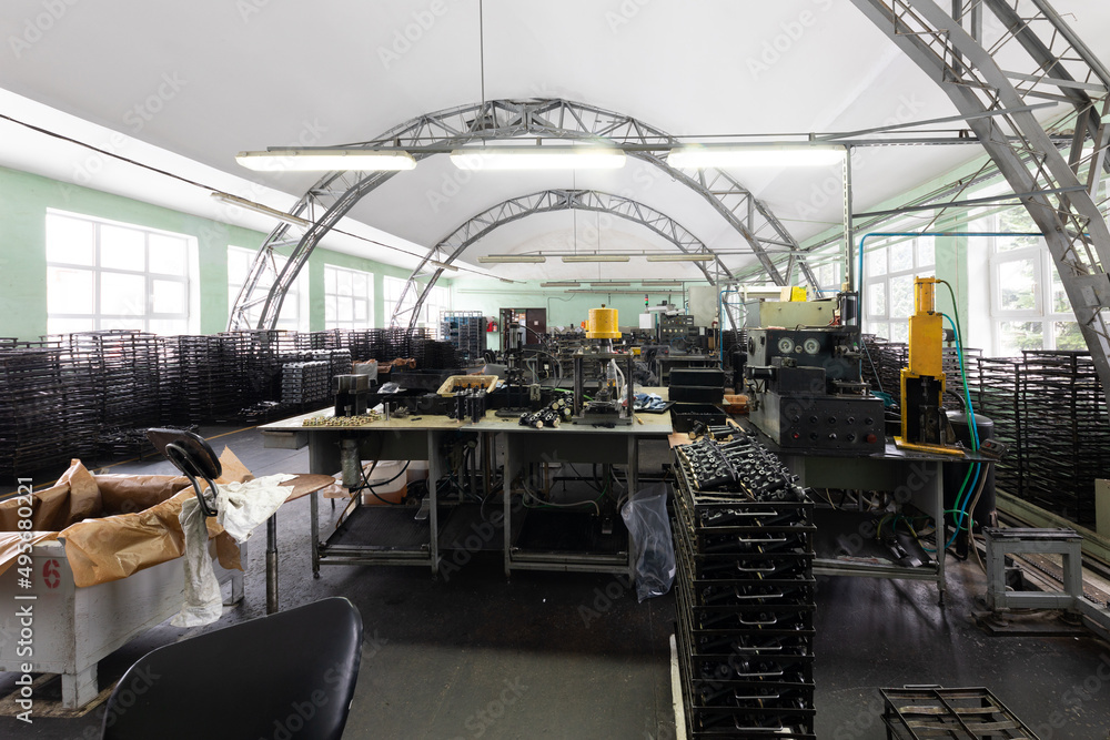 Naklejka premium Assembly production. Engine factory. Plant concept and interior. Industrial scenery background