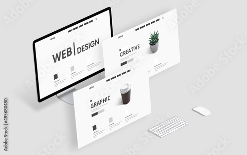 Web site flying layouts concept. Web design creative graphic studio desk
