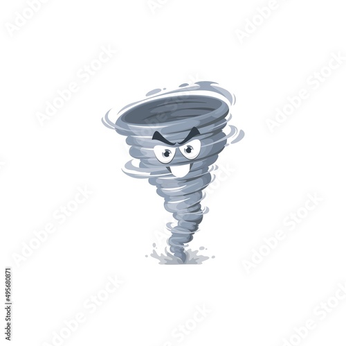 Cartoon tornado character, storm or whirlwind twister, cyclone. Bad weather, storm or hurricane forecast, meteorology isolated vector icon. Funny tornado vortex or swirl personage