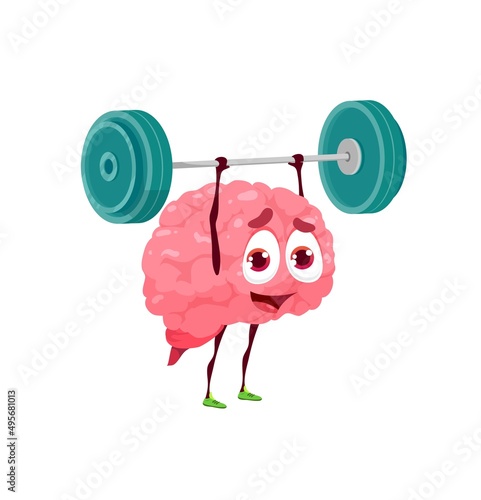 Cartoon human brain character with barbell. Cheerful brain personage doing exercises, training by lifting weight. Mind and memory trainig, intelligence and creativity development, health concept