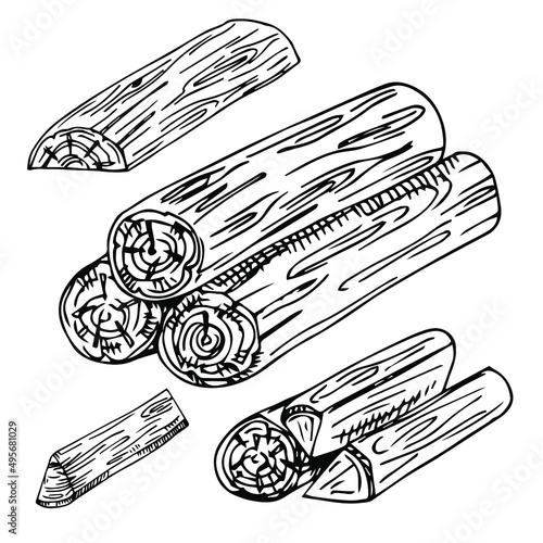 Set of cartoon illustration - black and white sketch log. building material wood. a natural element. the environment of forest.