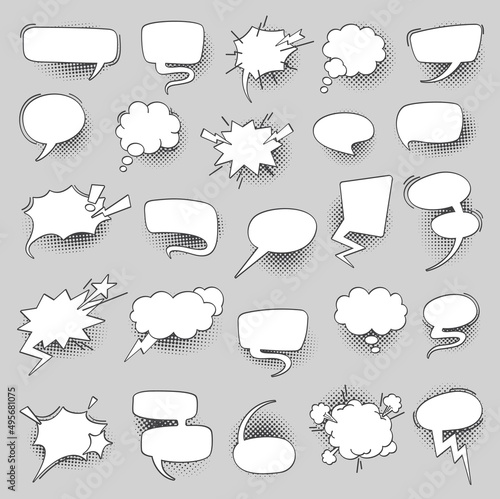 Comic speech bubbles. Talk, debate and dispute, swear and curse retro vector balloons with black halftone shadows. Cartoon speak bubbles, scream clouds and think balloons with stars, lightning bolts