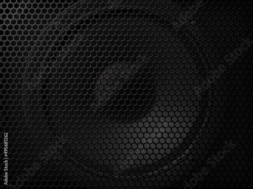 Speaker background of metal mesh, loudspeaker cover grid with vector realistic steel pattern. Sound music round loudspeaker or boombox player and audio dynamic cover grate mesh with holes
