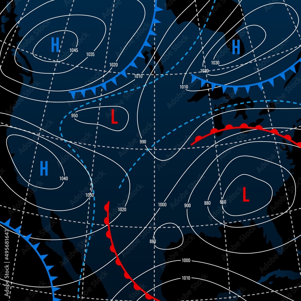 Forecast weather isobar on american night map, meteorology wind fronts and vector temperature diagram. USA map for weather forecast with pressure and wind charts, synoptic prediction isobar - obrazy, fototapety, plakaty 
