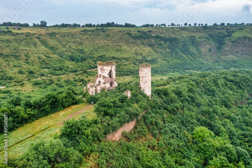 Aerial view of the ruins of the ancient castle Chervonogorod, near the town of Zalishchyky, Ternopil province Ukraine.