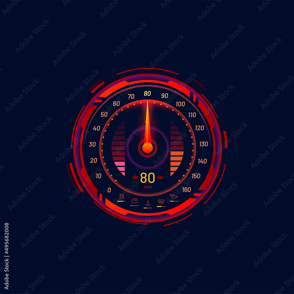 Car speedometer or speed meter futuristic gauge dial in neon LED vector