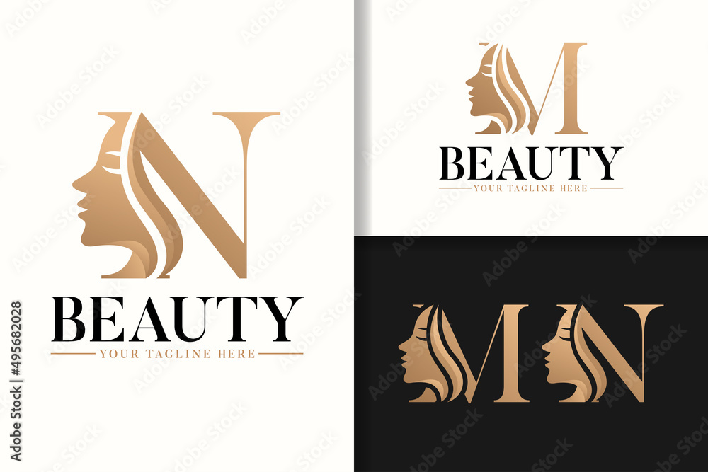 Feminine monogram logo with woman silhouette letter m and n Stock ...
