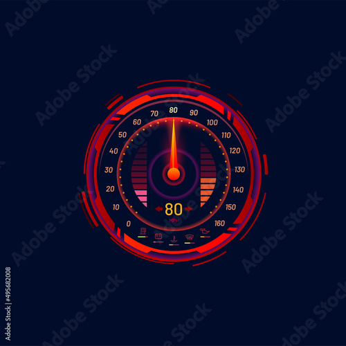 Car speedometer or speed meter futuristic gauge dial in neon LED vector dashboard digital indicator. Car speedometer or rally race speed counter interface with mph gauge in red neon glow