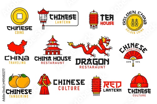 Chinese food festival, holiday and religion icons of China map and flag, vector Asian symbols. Chinese restaurant emblem with red dragon and paper light lantern, pagoda and mandarin with golden coins