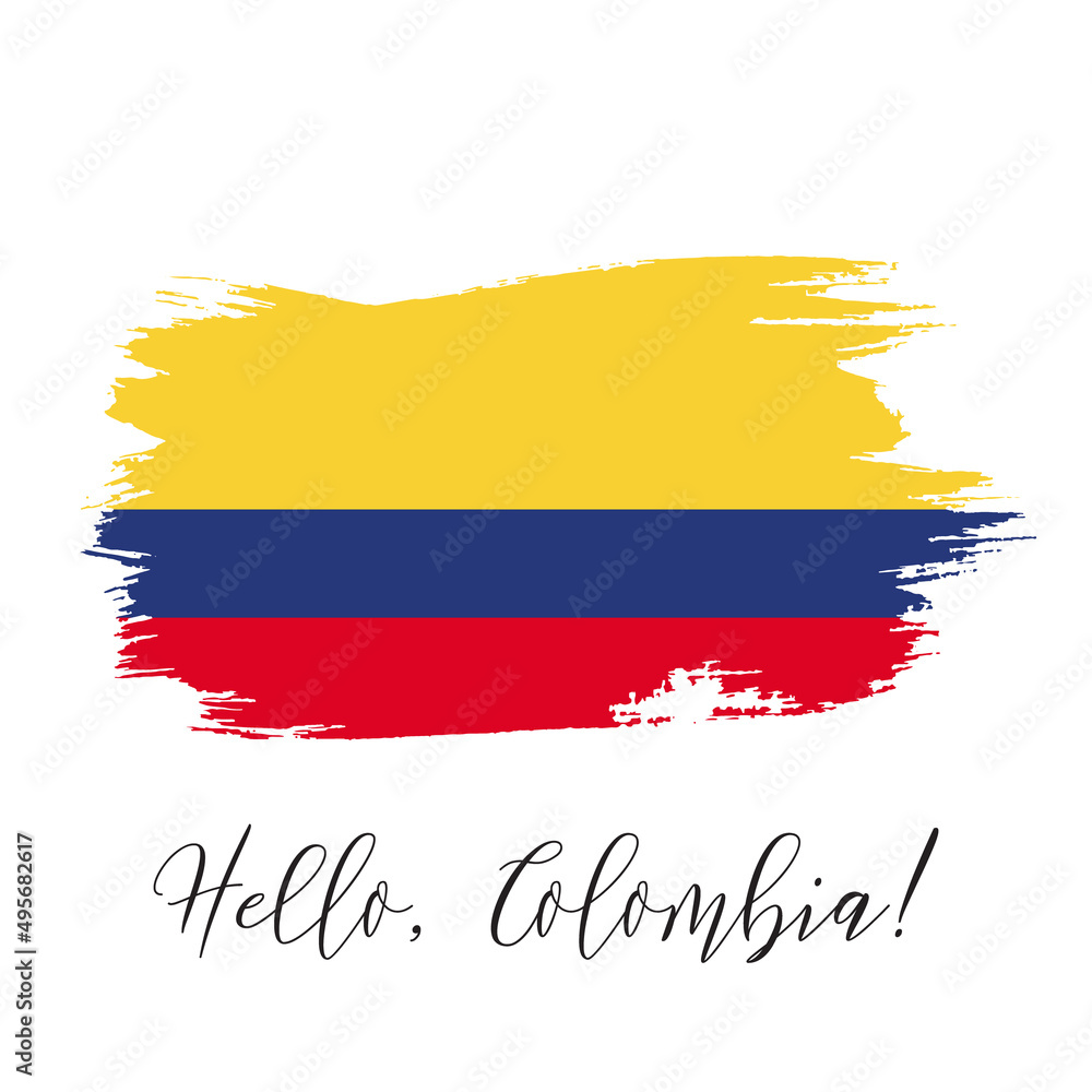 Fototapeta premium Colombia vector watercolor national country flag icon. Hand drawn illustration with dry brush stains, strokes, spots isolated on gray background. Painted grunge style texture for poster, banner design