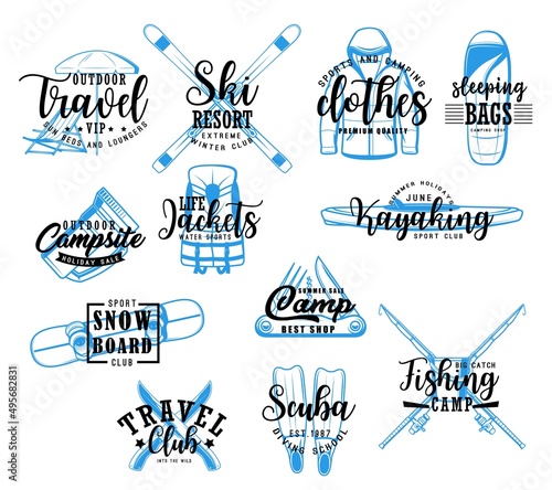 Travel, camping, sport club lettering icons with vector sketches of outdoor adventure. Snowboard, skis, camp clothes, sleeping bag, campsite flashlight and fishing rods, kayak boat and diving flippers