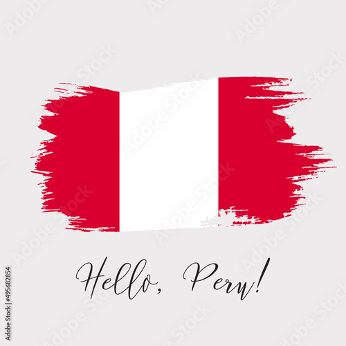 Peru watercolor vector national country flag icon. Hand drawn illustration with dry brush stains, strokes, spots isolated on gray background. Painted grunge style texture for posters, banner design.