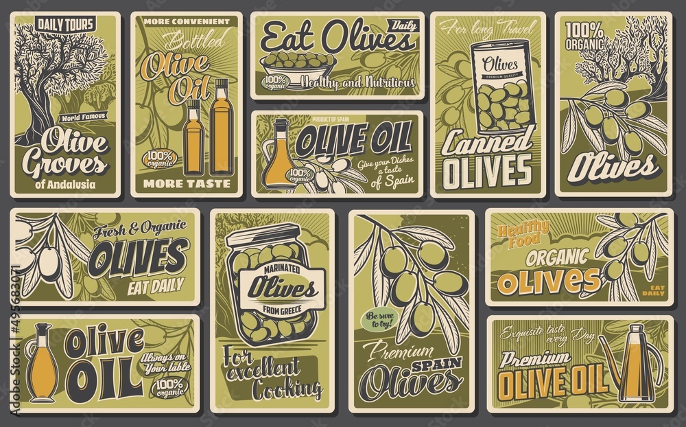 Olive oil vector retro banners. Extra virgin cooking oil in jug, glass jar, tin can and bottle. Ripe olives on tree branch. Mediterranean cuisine natural organic product, vintage grunge ad cards set