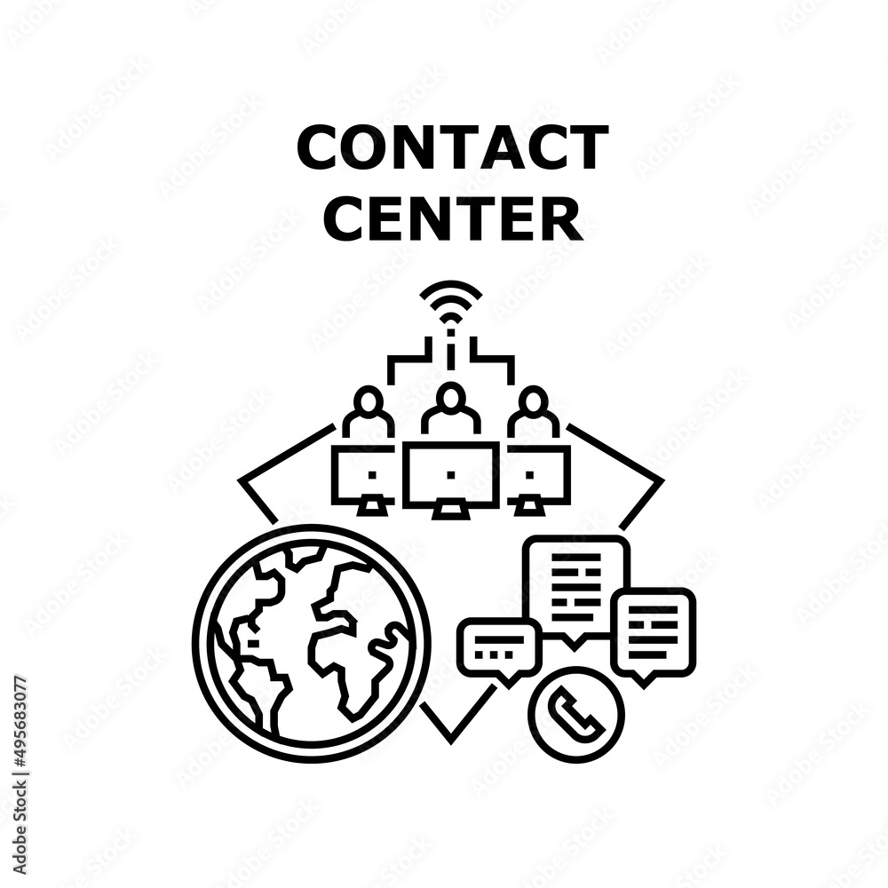 Contact Center Vector Icon Concept. Contact Center Worker Help Customer, Calling And Chatting Advising Client Worldwide. International Support Service And Communication Black Illustration
