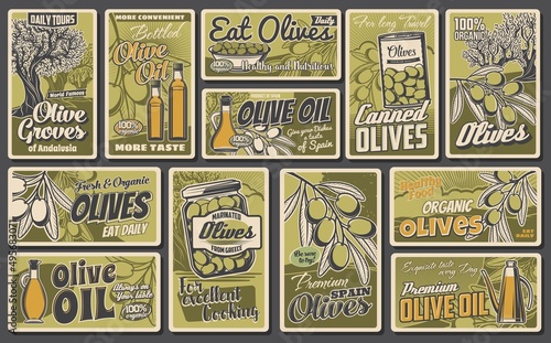 Olive oil vector retro banners. Extra virgin cooking oil in jug, glass jar, tin can and bottle. Ripe olives on tree branch. Mediterranean cuisine natural organic product, vintage grunge ad cards set