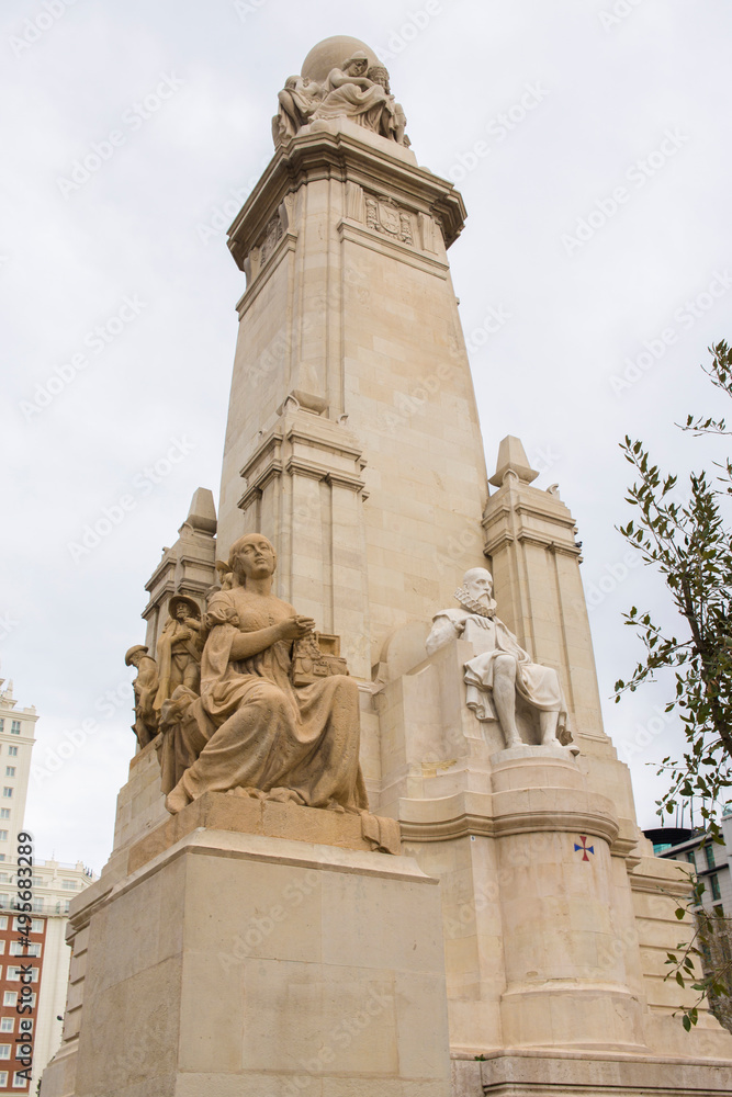 The monument to Miguel de Cervantes located in Plaza de Espana in Madrid, Spain. 