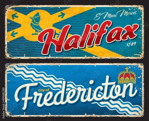 Halifax and Fredericton canadian cities plates and travel stickers, vector tin signs. Canada tourist luggage tags with provinces or regions flags, emblems and Canadian landmarks