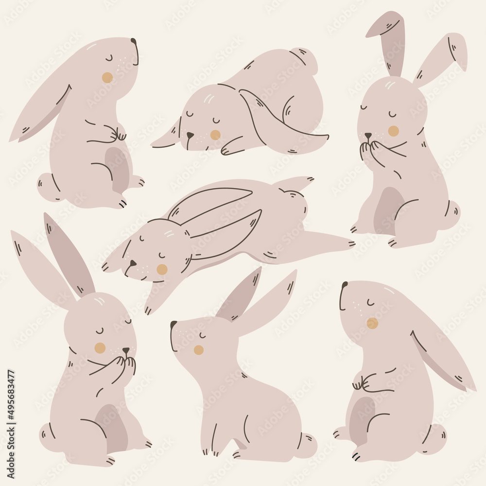 Cute bunnies in pastel colors on a light background print. Patter for a children's room, postcards. baby pattern. Easter Bunny