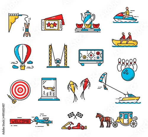 Amusement park playground and funfair extreme activity carousels, vector color outline icons. Amusement park rides and water attractions, bungee jumping, karting or parasailing and banana boat