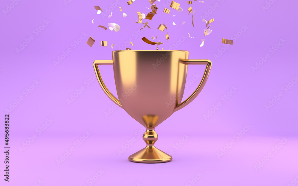 Golden trophy award with falling confetti on violet background. Competition winner prize. 3d rendering. Golden trophy award with falling confetti on violet background. Competition winner prize. 3d rendering.