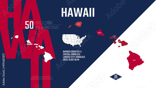 50 of 50 states of the United States, divided into counties with territory nicknames, Detailed vector Hawaii Map with name and date admitted to the Union, travel poster and postcard