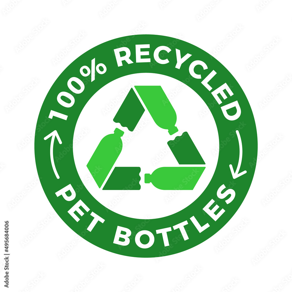 100 recycled PET bottles logo. Three green plastic bottles form