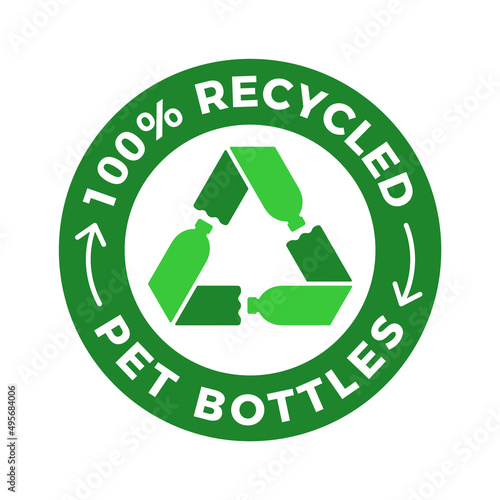 100% recycled PET bottles logo. Three green plastic bottles form recycle sign in a circle. Products from 100% recycled materials. Reusable polyester product label. Vector illustration, flat, clip art.