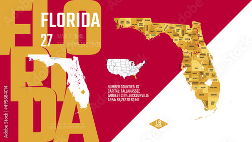 27 of 50 states of the United States, divided into counties with territory nicknames, Detailed vector Florida Map with name and date admitted to the Union, travel poster and postcard