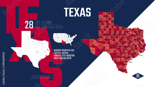 28 of 50 states of the United States, divided into counties with territory nicknames, Detailed vector Texas Map with name and date admitted to the Union, travel poster and postcard photo