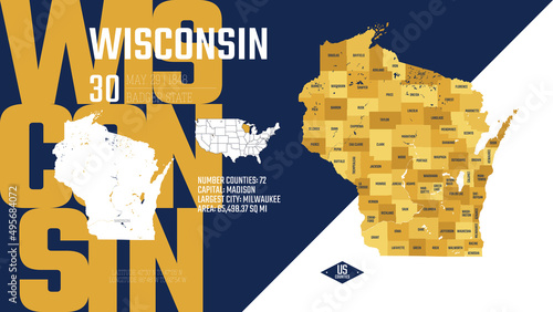 30 of 50 states of the United States, divided into counties with territory nicknames, Detailed vector Wisconsin Map with name and date admitted to the Union, travel poster and postcard photo