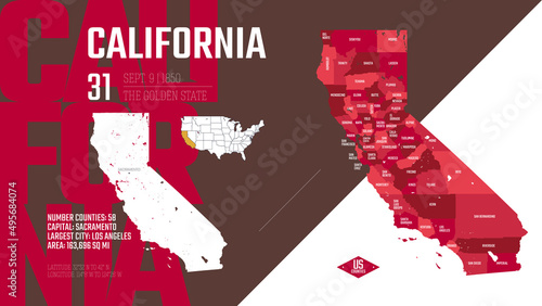 31 of 50 states of the United States, divided into counties with territory nicknames, Detailed vector California Map with name and date admitted to the Union, travel poster and postcard