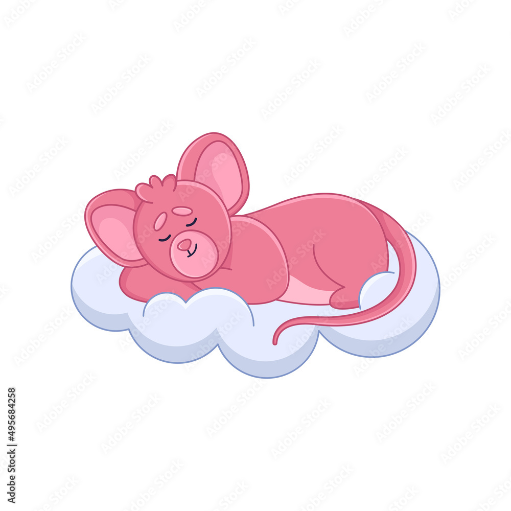 Cute pink mouse cartoon character sleeping on cloud sticker. Adorable comic rat lying on fluffy cloud flat vector illustration isolated on white background. Emotions, animals concept Cute pink mouse cartoon character sleeping on cloud sticker. Adorable comic rat lying on fluffy cloud flat vector illustration isolated on white background. Emotions, animals concept
