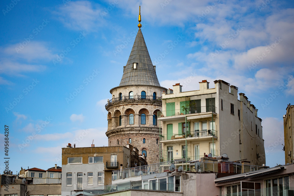 Galata Tower view from the apartment balcony in Istanbul Beyoglu area, Turkey