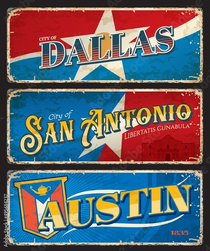 Dallas, Austin and f american cities plates and travel stickers. United States of America grunge banner, vector vintage tin plate with flag star symbol. USA vacation tour postcard or souvenir card