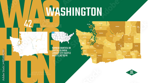 42 of 50 states of the United States, divided into counties with territory nicknames, Detailed vector Washington Map with name and date admitted to the Union, travel poster and postcard