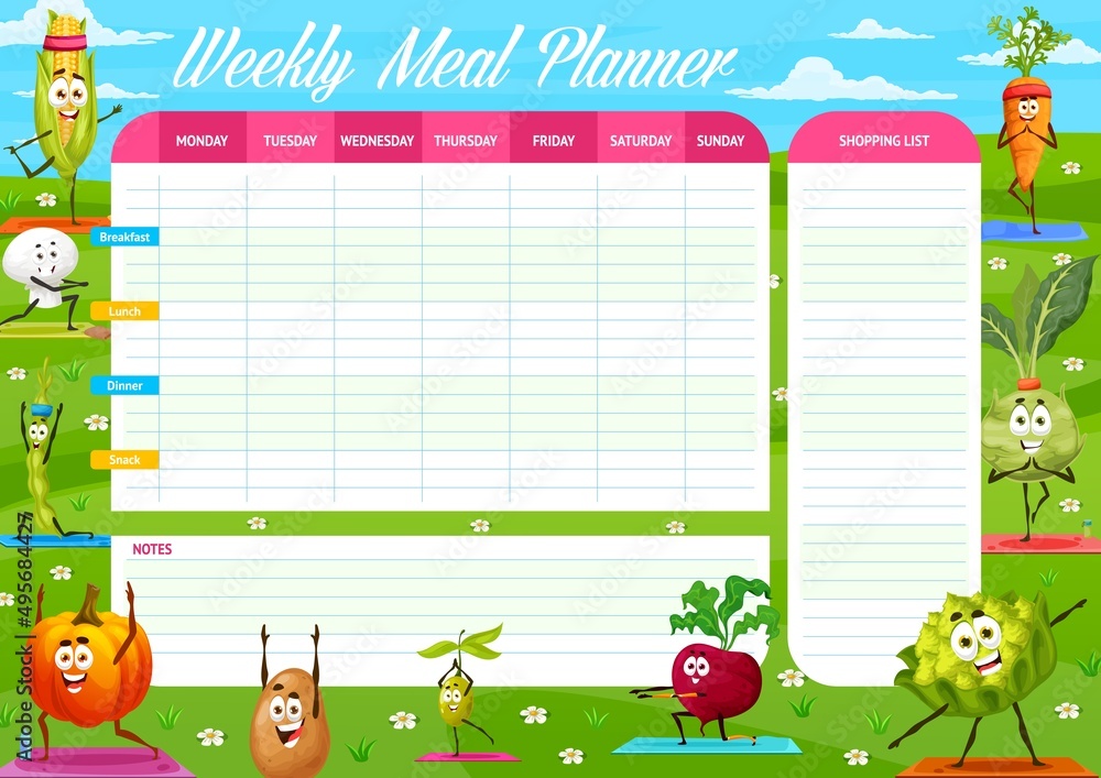 Cartoon raw vegetables characters on yoga, weekly meal planner schedule ...