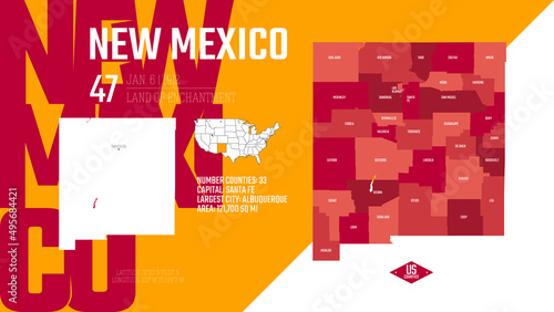 47 of 50 states of the United States, divided into counties with territory nicknames, Detailed vector New Mexico Map with name and date admitted to the Union, travel poster and postcard