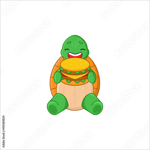 Happy turtle cartoon character eating hamburger sticker. Cute comic tortoise eating fast food flat vector illustration isolated on white background. Emotions, animals concept
