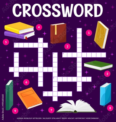 Books and literature crossword grid worksheet. Find a word quiz game, kids text riddle or children vocabulary tests book vector page, child playing activity. Kids intelligence puzzle with books