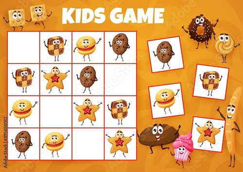 Cartoon cookies, bakery and desserts sudoku kids game. Vector riddle with funny characters baguette, star, donut, rye bread, chocolate or crumbly cookie and cupcake on chequered board, boardgame task