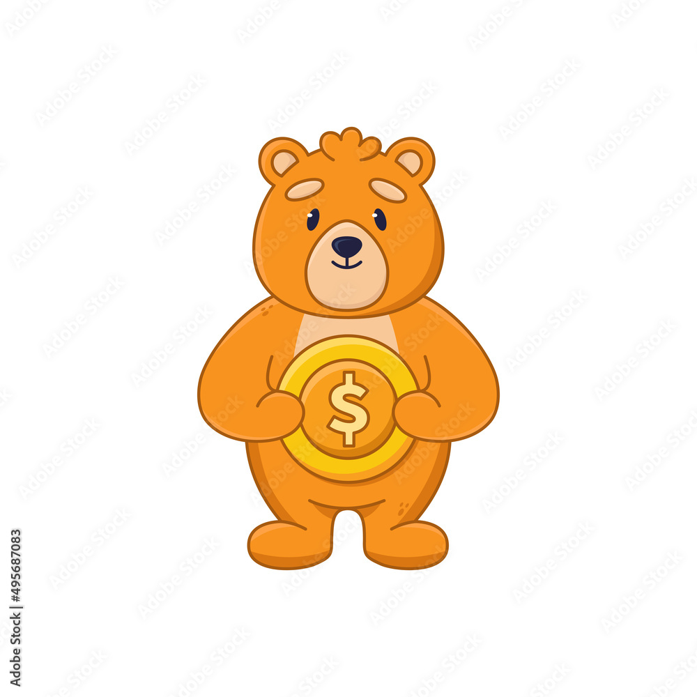 Obraz premium Cute orange bear cartoon character holding big gold coin sticker. Friendly comic animal saving or earning money flat vector illustration isolated on white background. Wildlife, emotions concept