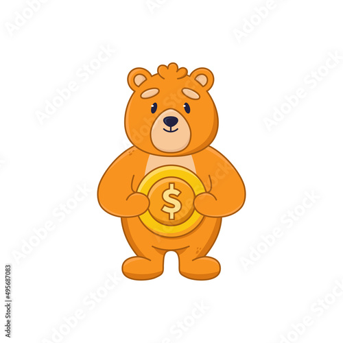 Cute orange bear cartoon character holding big gold coin sticker. Friendly comic animal saving or earning money flat vector illustration isolated on white background. Wildlife, emotions concept