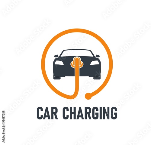 Electric car charging station icon with battery charger plug, vector vehicle charge sign. EV hybrid and electric car charging station or electro power recharge point symbol with orange cable