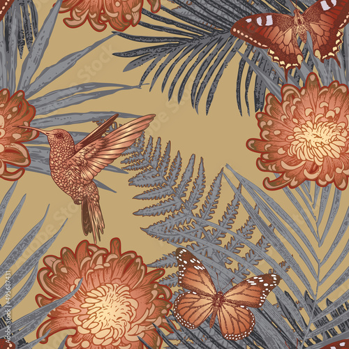 vector image of a seamless texture for fabrics and paperjungle thickets with flowers butterflies and hummingbirds