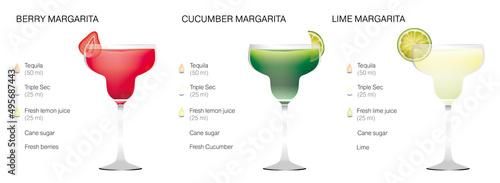 three types of cocktail margarita with recipe description, vector carte menu on white background