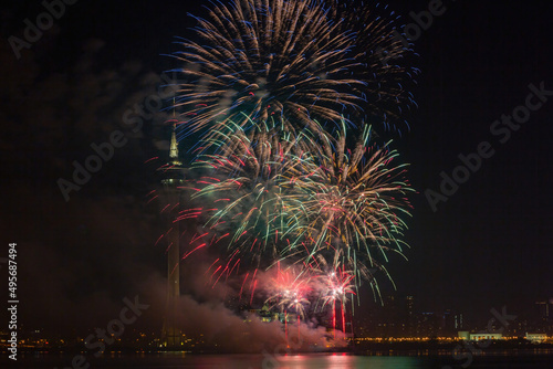 Photography Night view of the New Year fireworks over Macau Tower