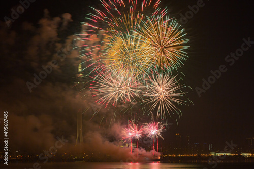 Photography Night view of the New Year fireworks over Macau Tower